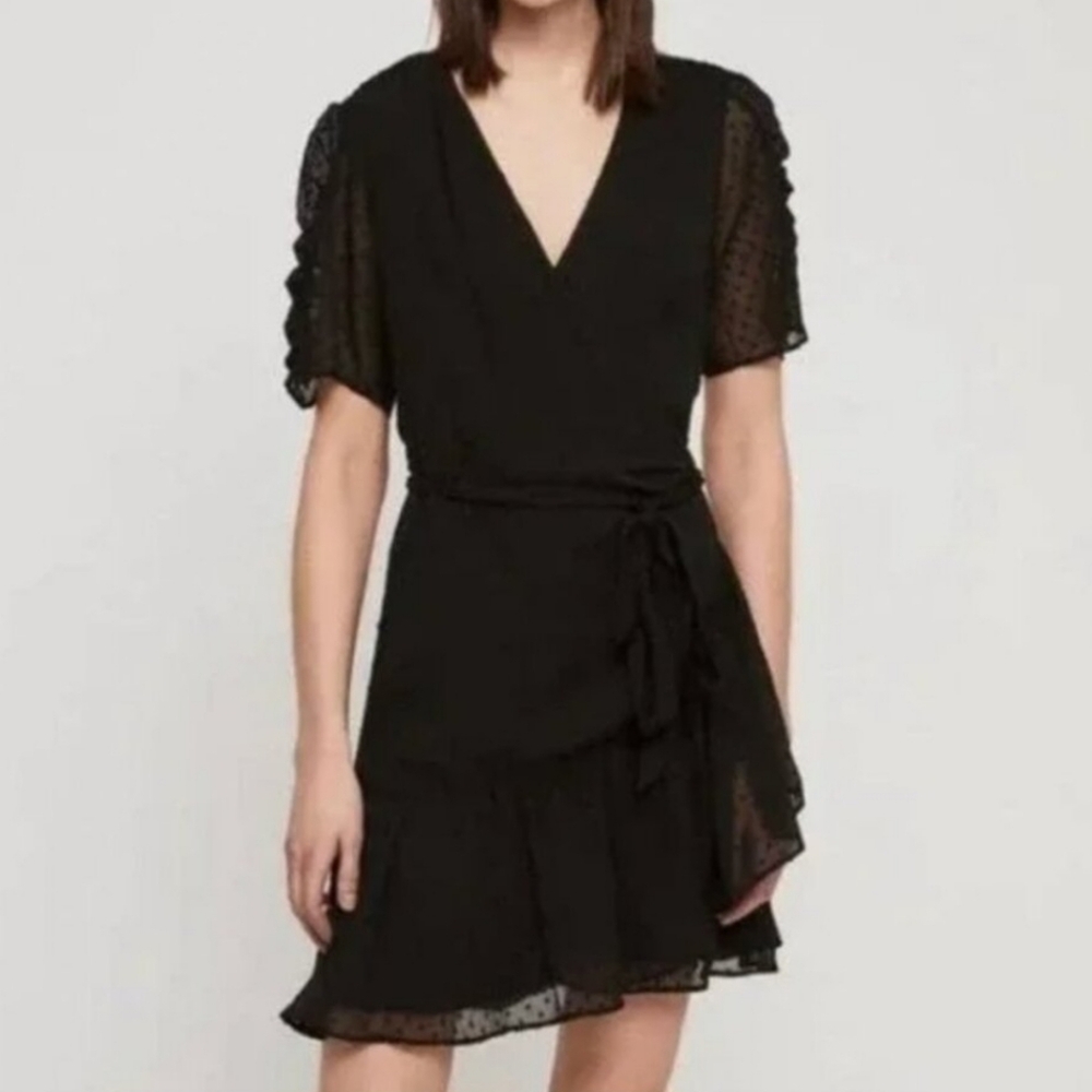 All Saints Sienna Black Swiss Dot Chiffon Ruffle Wrap Dress